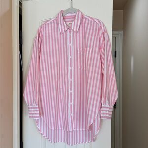 Maeve by Anthropologie pink and white striped oversized long sleeve shirt.